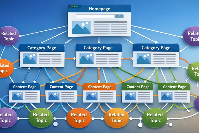 A layout of an internal linking illustration showing paths and nodes