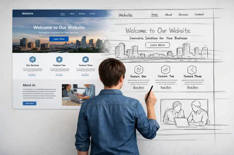 A designer standing at a large wall with a photo of a webpage that transitions to the right as a line layout sketch