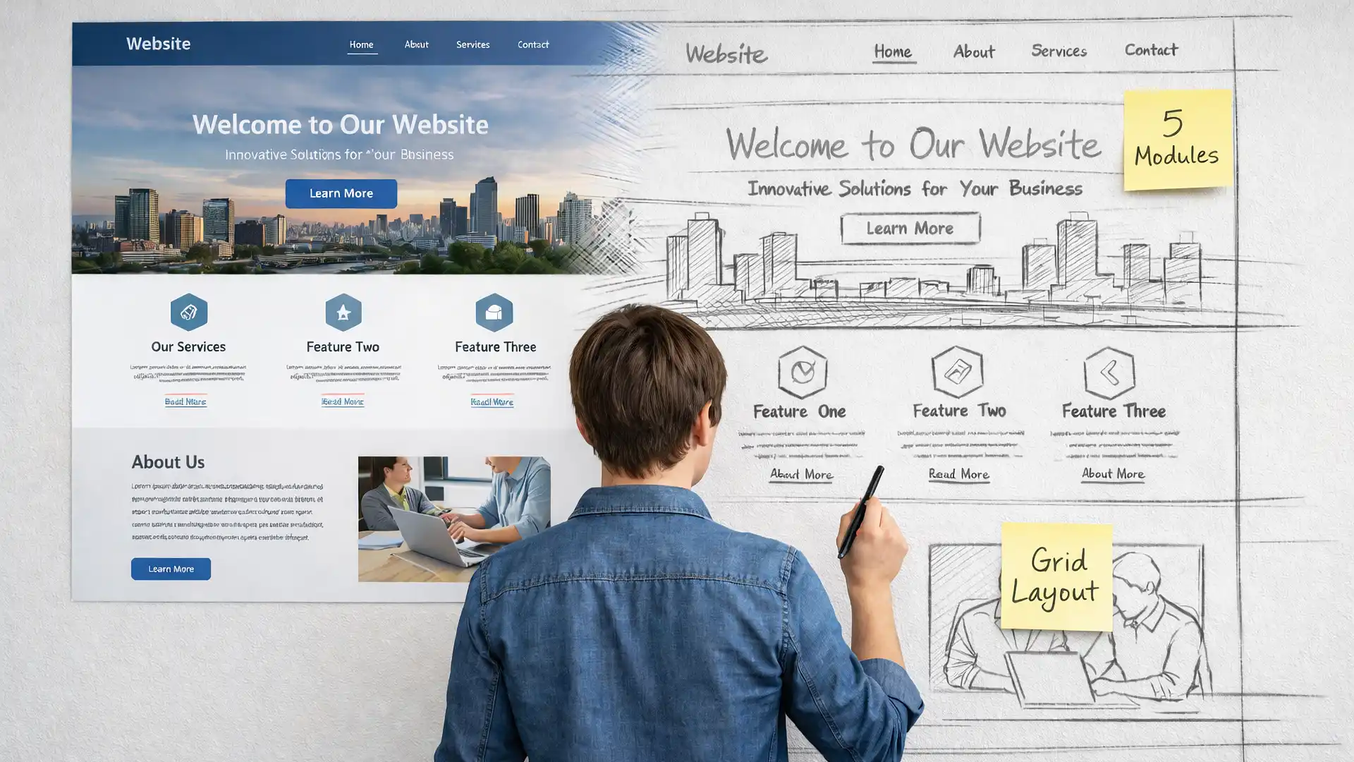 A designer standing at a large wall with a photo of a webpage that transitions to the right as a line layout sketch