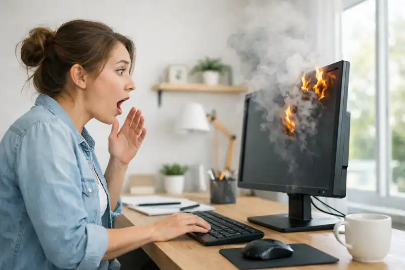A woman sitting at her computer in shock as her monitor has fire and smoke