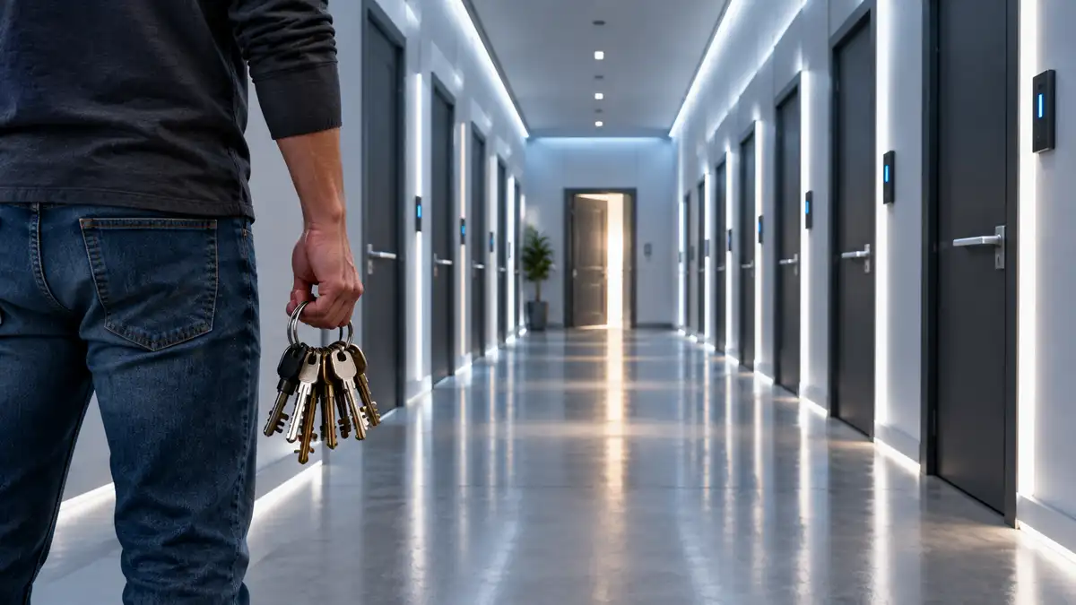 Person holding several keys while facing multiple secured doors in a modern corridor