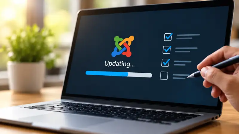 Laptop displaying a Joomla update progress bar and checklist, with a hand holding a stylus.