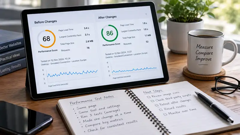 Website performance results compared before and after changes alongside testing notes