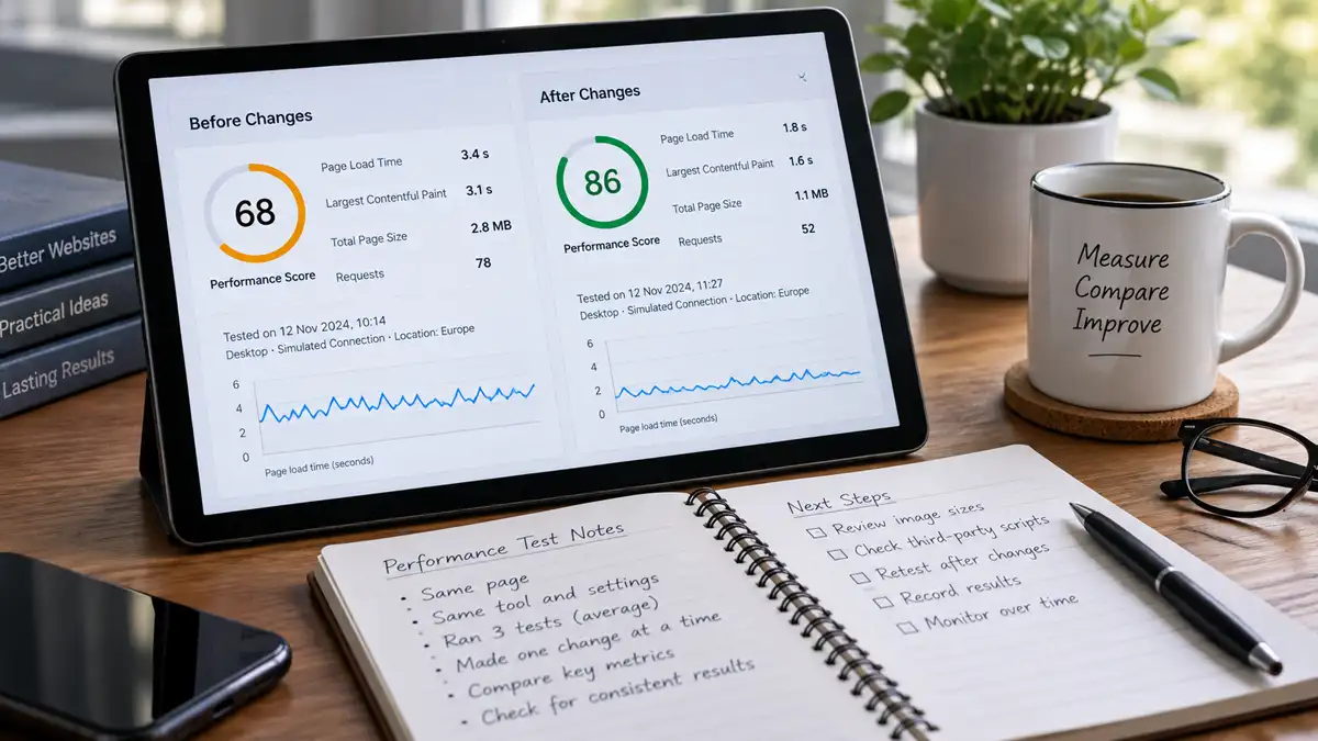 Website performance results compared before and after changes alongside testing notes