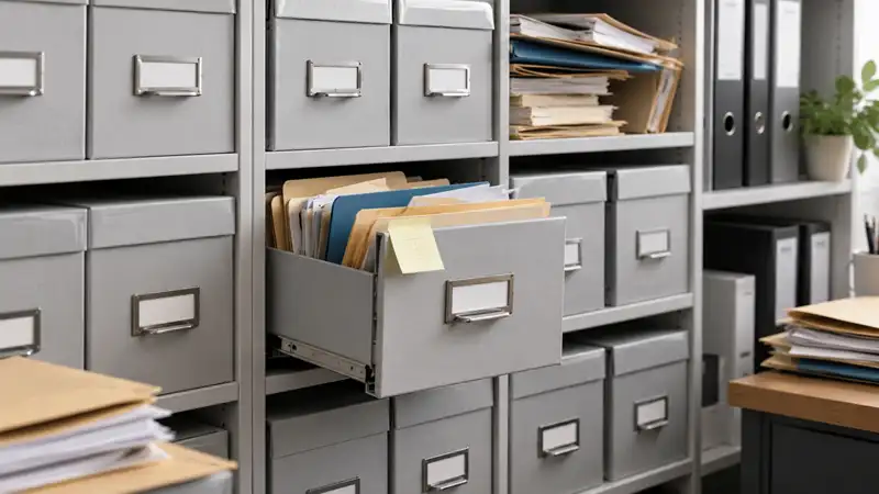 Organized filing system with several folders and drawers gradually falling out of alignment