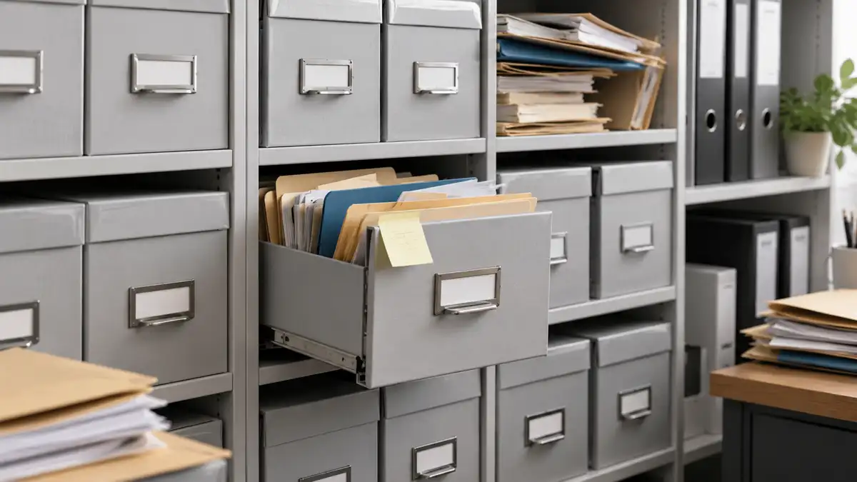 Organized filing system with several folders and drawers gradually falling out of alignment