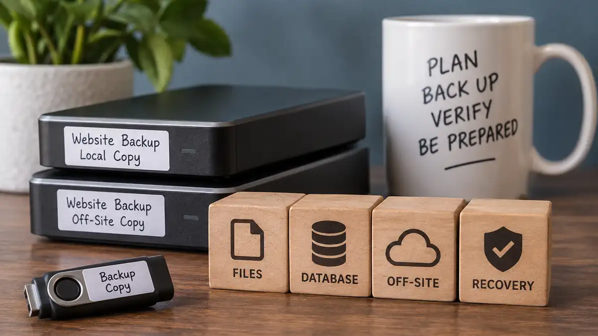 Multiple website backup copies representing files, database, off-site storage, and recovery