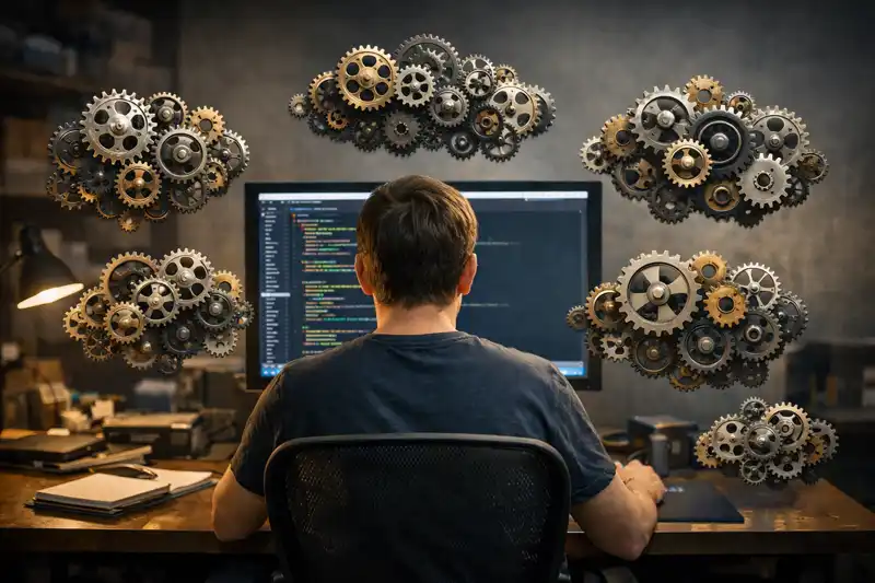 A man sitting in front of his computer monitor looking at code and floating groups of gear cogs around him