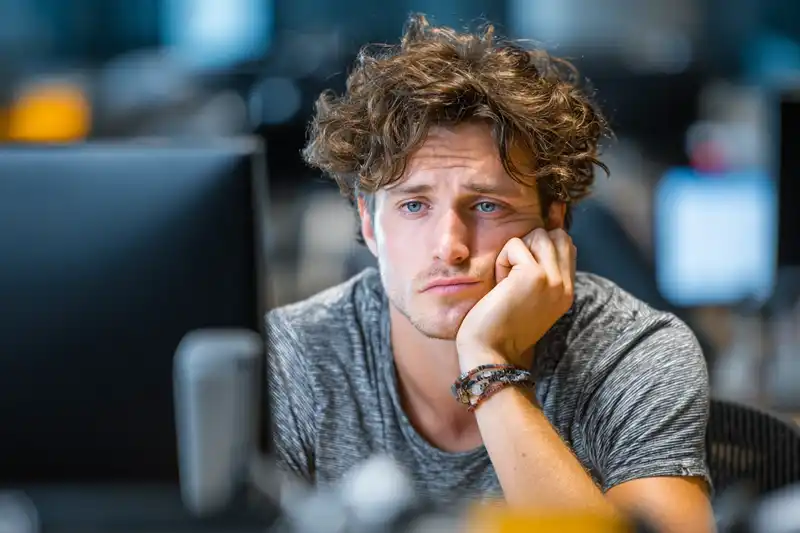 A young man at his computer discovering possible problems with his website