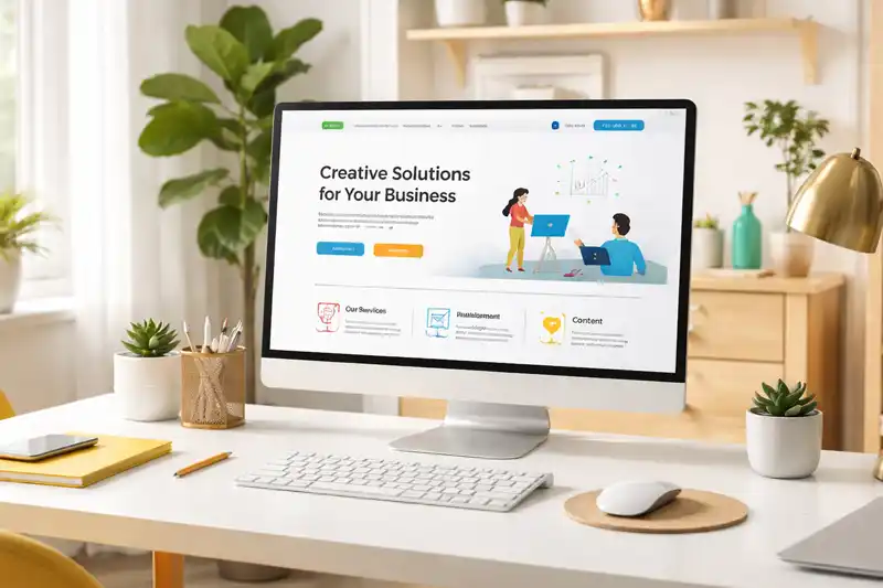 Showing a website on a computer monitor in a bright modern home office