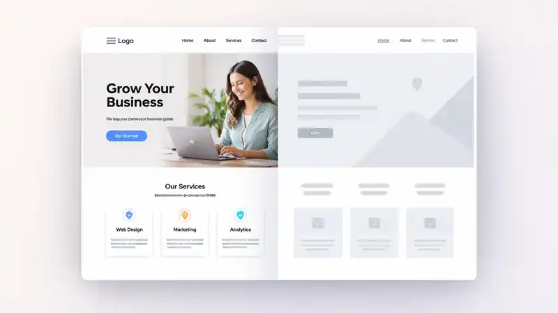 A screenshot showing a web page and next to it is the wireframe version of it