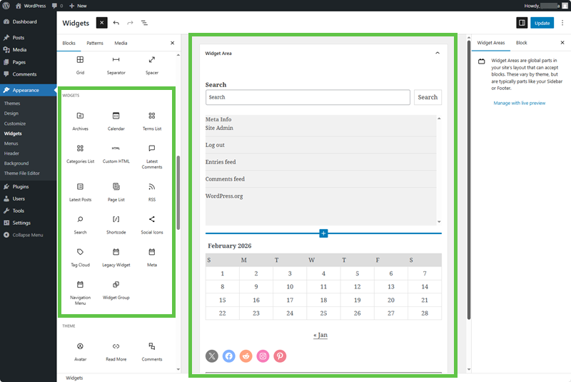 Screenshot showing the WordPress block widgets screen