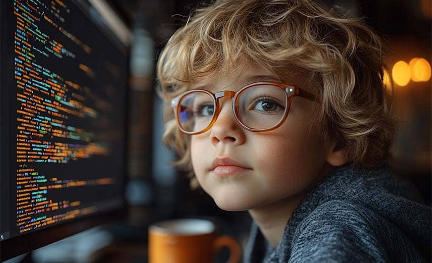 A close up photo of a child in front of a computer screen showing source code and representing WordPress child themes