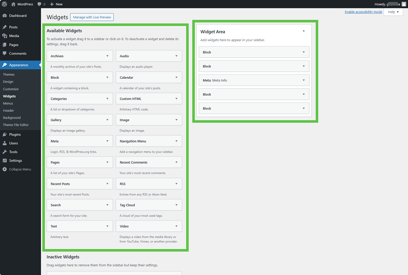 Screenshot showing the classic widgets screen in WordPress