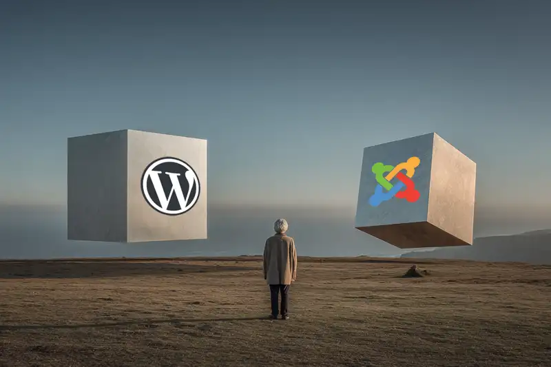 A woman in an open field looking at two large floating cubes, each with a WordPress and Joomla logo