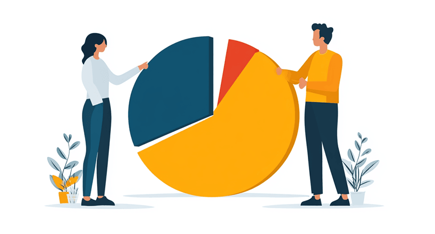 An illustration showing two people holding a large pie chart