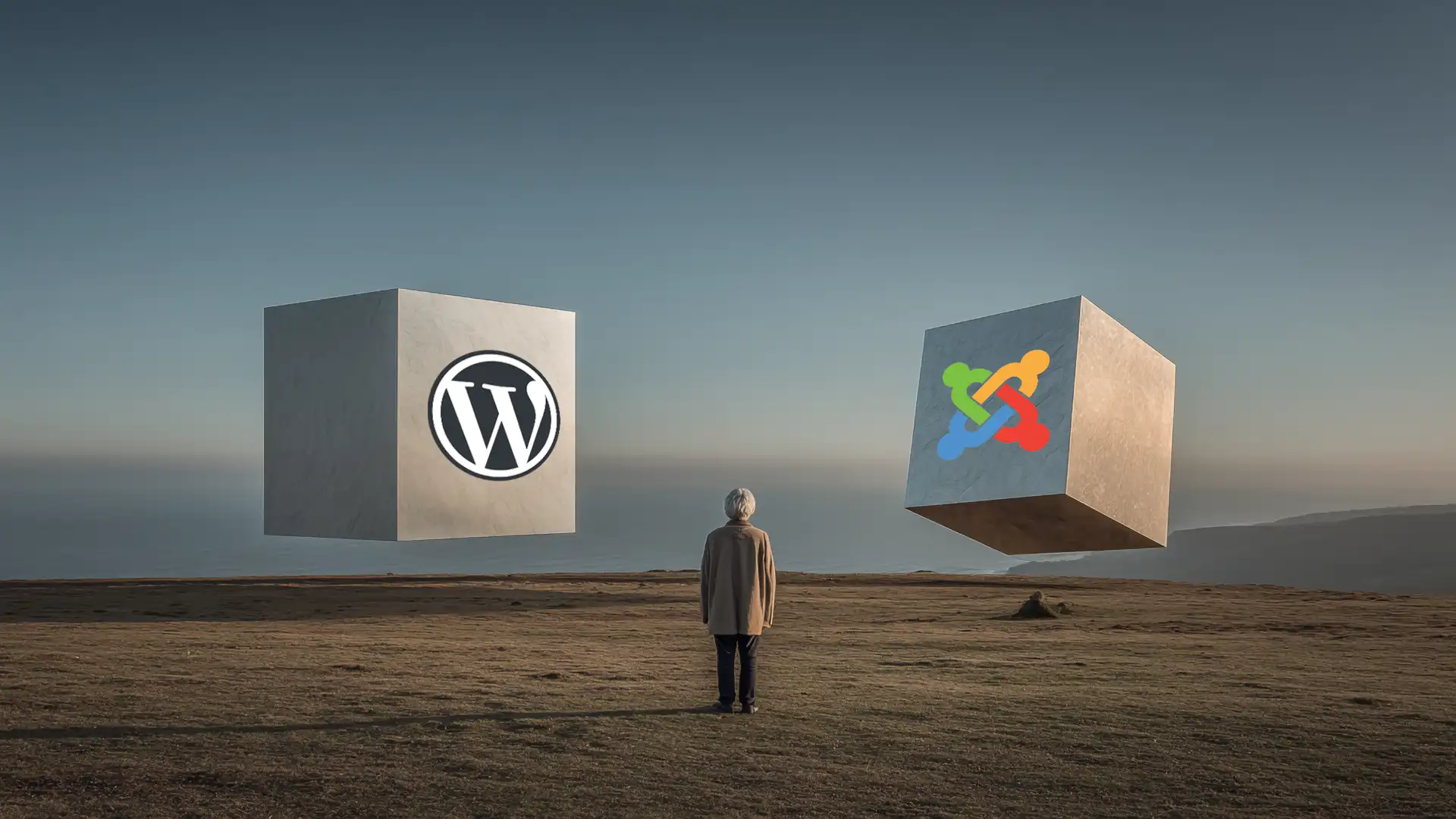 A woman in an open field looking at two large floating cubes, each with a WordPress and Joomla logo