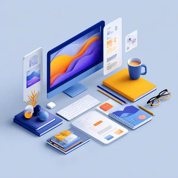An illustration showing a computer surrounded with elements relating to learning and course materials