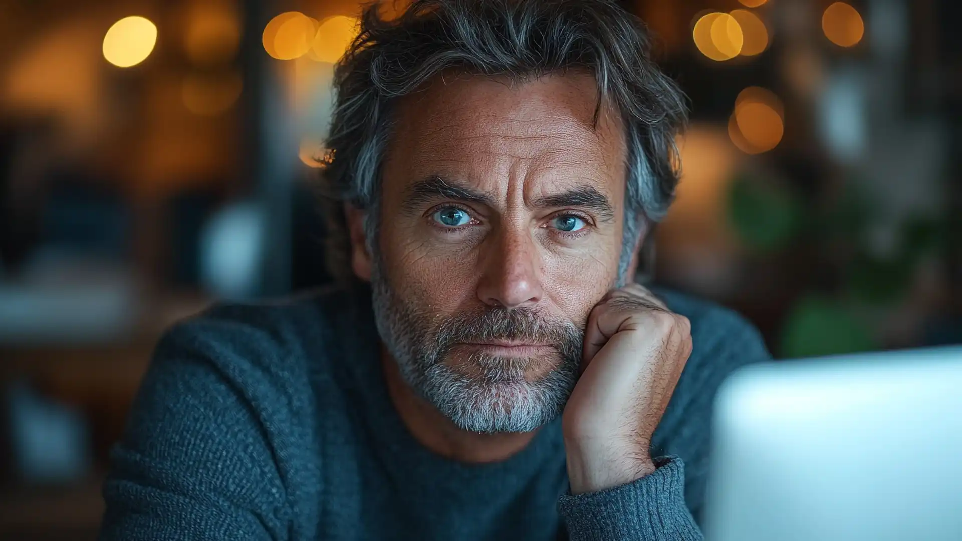 A close-up of a website owner sitting at his computer looking ahead.