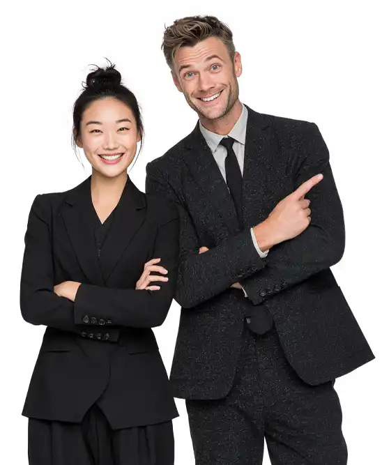 A portrait of a businessman and woman standing against a white background
