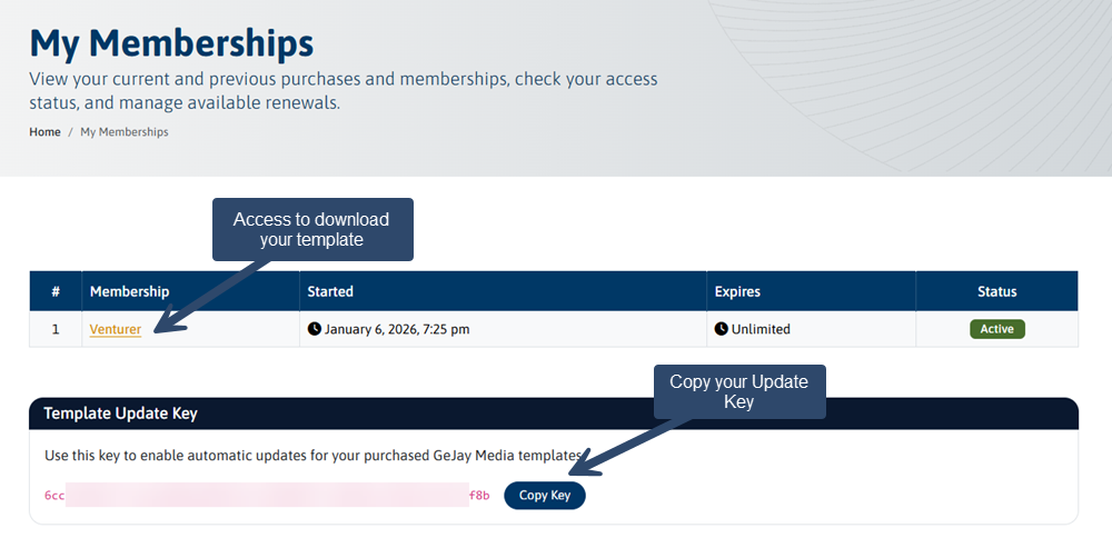 A screenshot showing where you can get your update key and download your template
