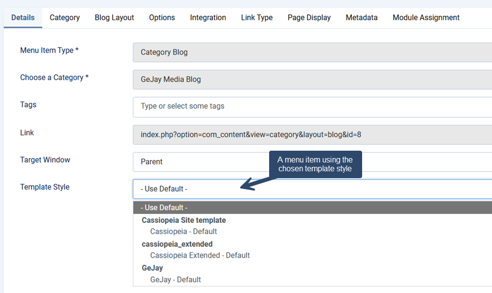 Show how you can assign a template to a specific menu item