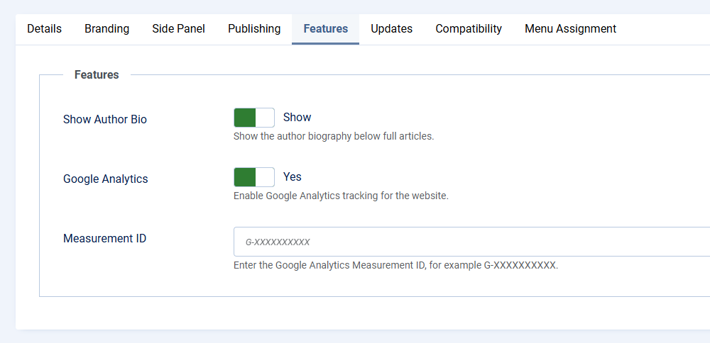 Screenshot showing the Venturer settings for the author bio and enabling Google Analytics