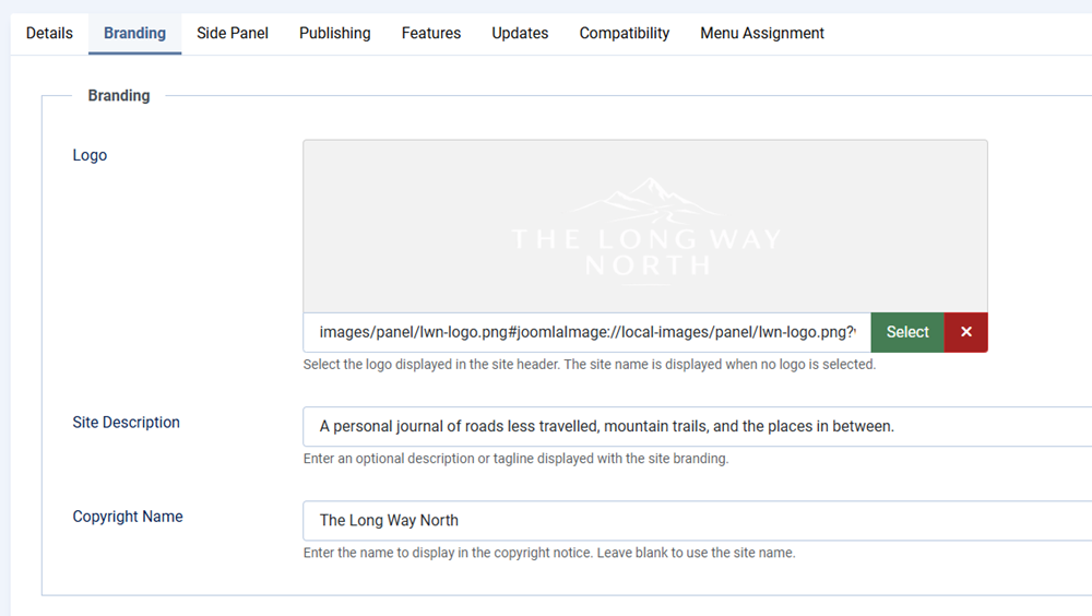 Screenshot showing the settings and options for your site branding options