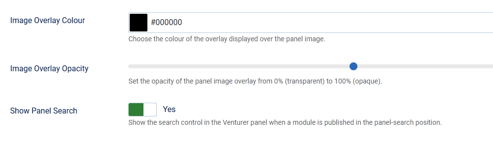 Screenshot showing settings to modify the panel overlay colour and opacity level