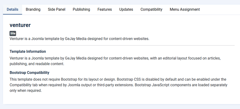 Showing tabs for the Venturer template where your settings and options are located