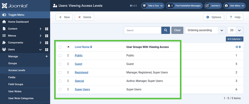 Screenshot showing the Joomla default access levels and what groups use them