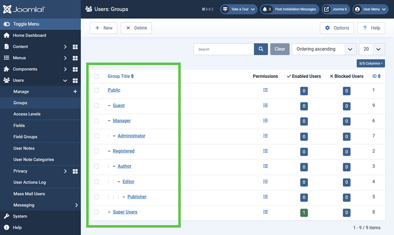 screenshot showing the default Joomla ACL groups