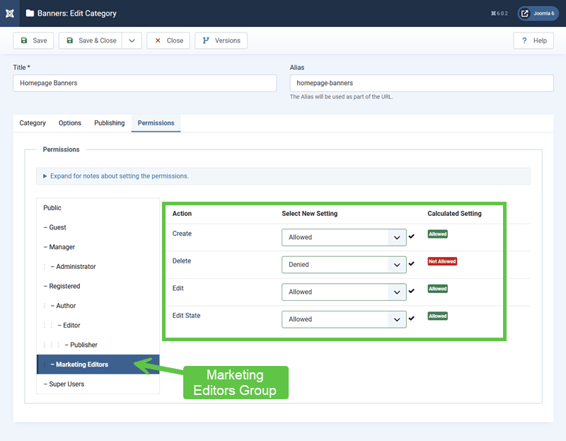 Screenshot showing Category-level permissions for the Banners component, showing inherited values alongside intentional overrides for a specific user group