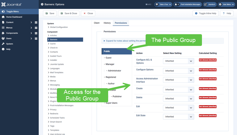 Screenshot showing permissions set for a component