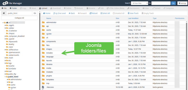 Screenshot showing the cPanel file manager and showing the installed Joomla file structure