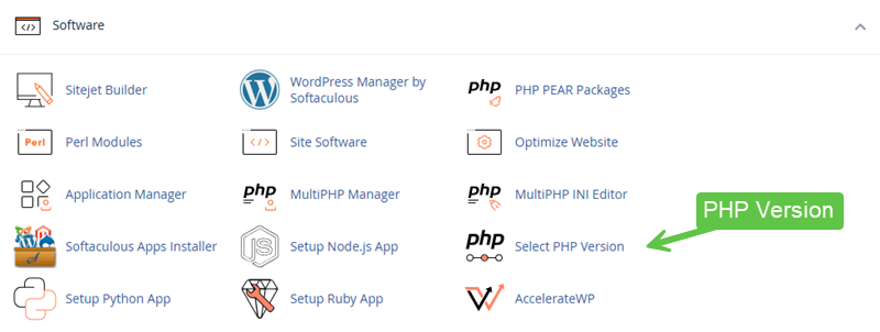 Screenshot showing how to change the PHP version in cPanel