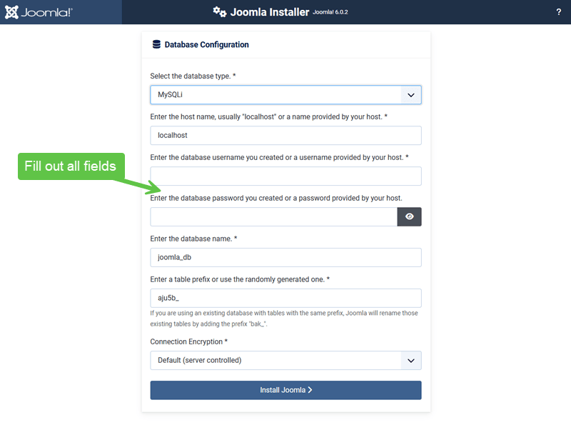 Step 3: Install Joomla screenshot