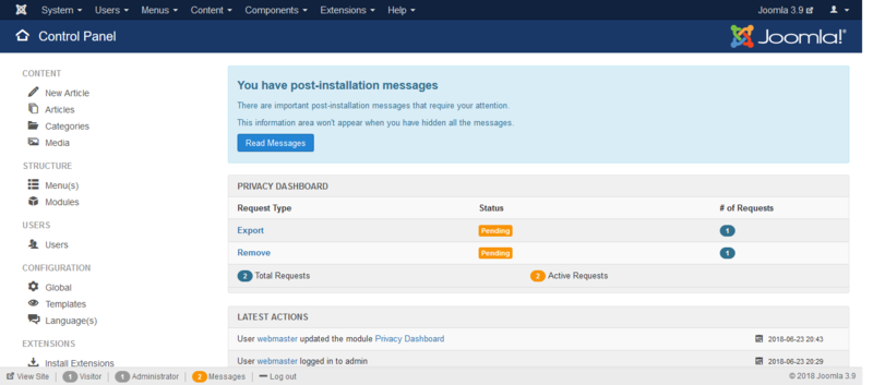 Screenshot of the Admin dashboard for Joomla 3
