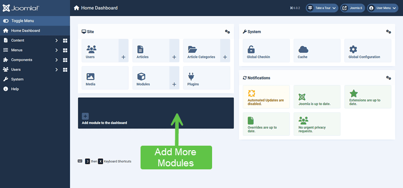 Screenshot showing how to add modules to the dashboard