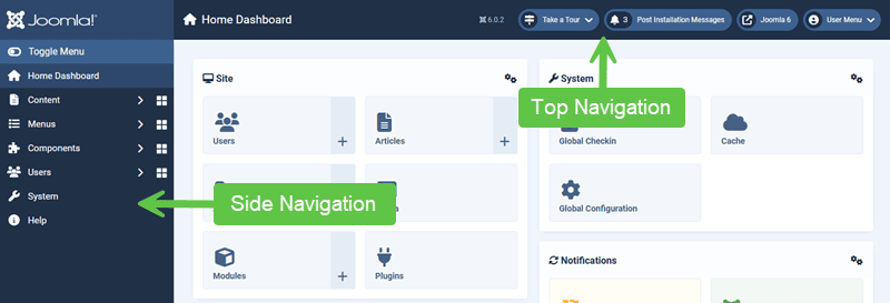 Screenshot showing the Joomla Admin navigation