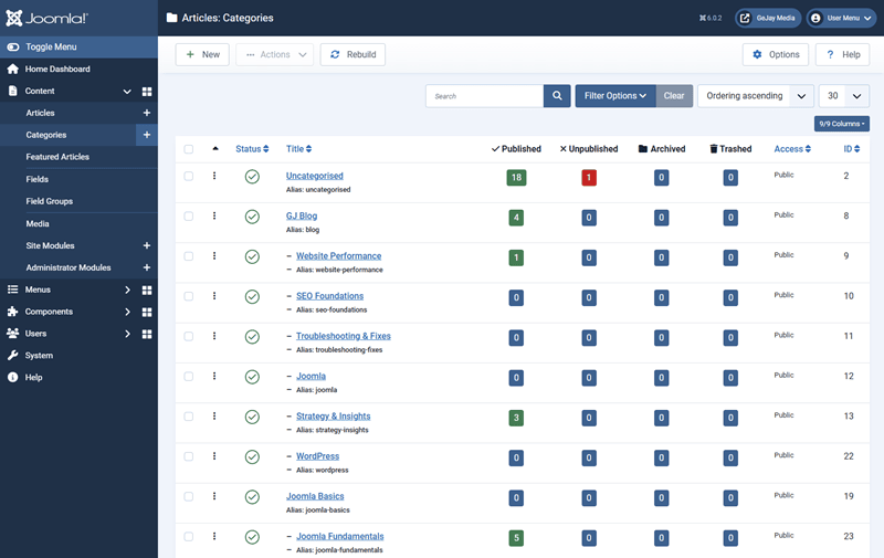 Screenshot of the Joomla Category Manager with examples