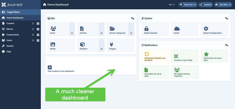 Screenshot showing a cleaned up dashboard