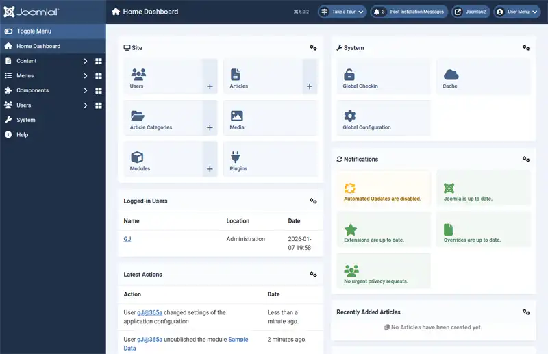 Screenshot of the Joomla dashboard