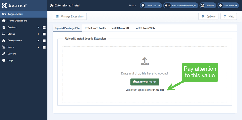 Screenshot showing the Joomla extension installer