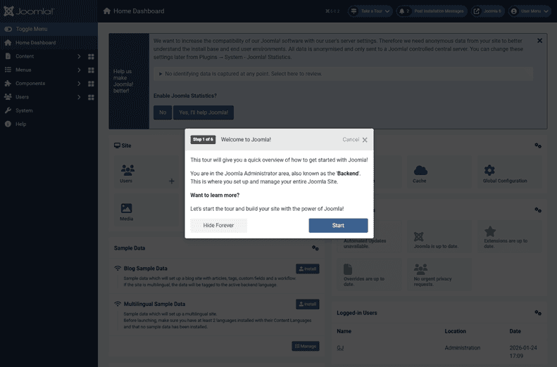 Screenshot of a welcome to Joomla modal