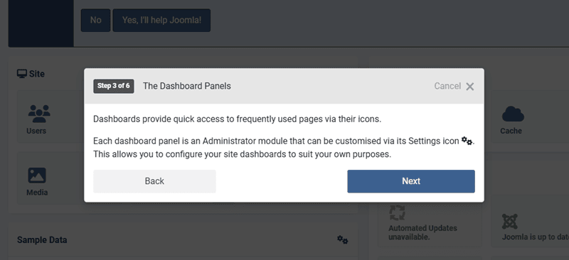 screenshot of the dashboard panels in Joomla
