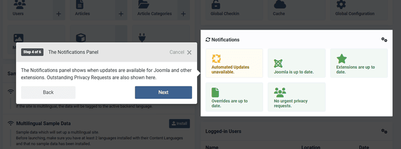 screenshot of the dashboard notification panel