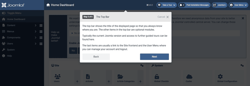screenshot of the dashboard top menu bar