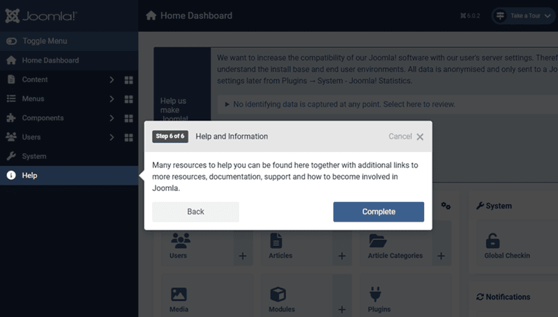 screenshot of the help section in Joomla