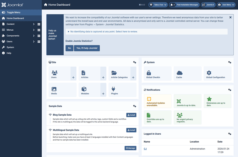 Screenshot showing the Joomla admin after a fresh install